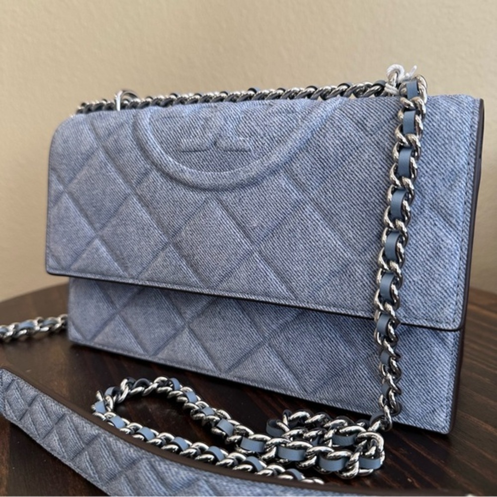 Tory Burch SMALL FLEMING DENIM-PRINT SUEDE SHOULDER BAG